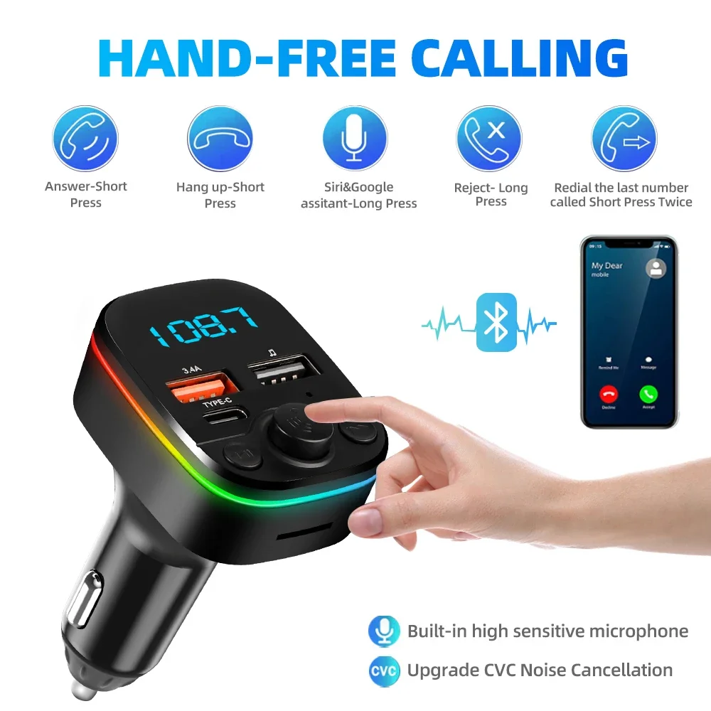 Transmisor FM para coche Bluetooth 5,0 manos libres con USB Dual tipo C 3.4A cargador rápido luz ambiental encendedor de cigarrillos modulador FM - imagen 5