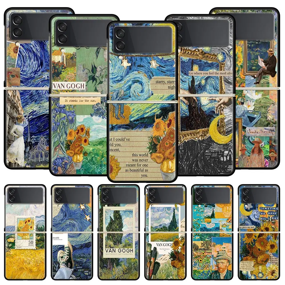 Funda de teléfono de Arte de van gogh con cielo estrellado, carcasa de PC para Samsung Galaxy Z Flip3, Flip4, Flip5, Z Flip 3, 4, 5, cubierta plegable dura negra