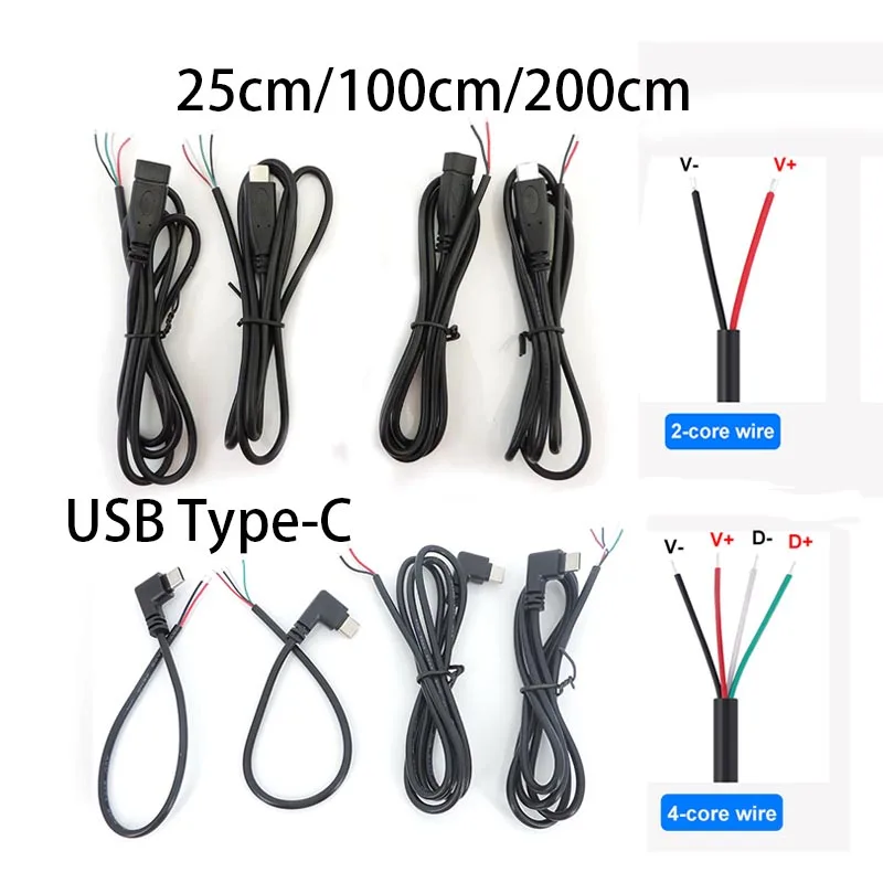 Conector USB tipo C macho hembra, conector de cargador de fuente de alimentación, 2 pines, 4 pines, USB-C, Cable de reparación DIY, Cable tipo soldadura, 0,25 M, 1M, 2M