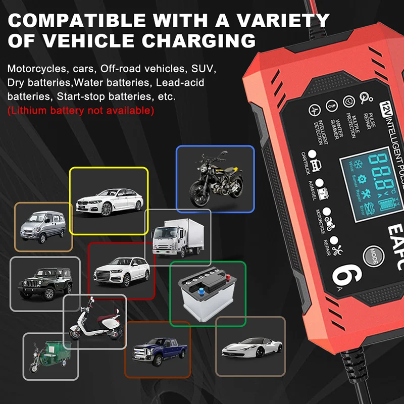 Cargador Inteligente 6A 12V Plomo-Ácido Coche y Moto – LCD - imagen 4