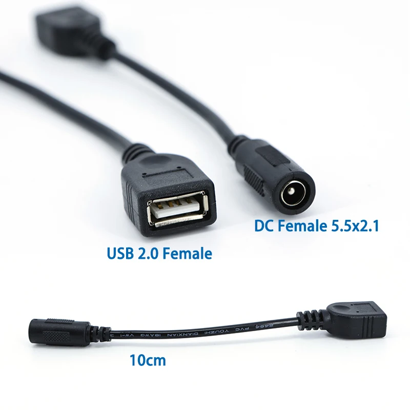 DC hembra 5,5x2,1 a USB 2,0 Cables hembra 5521 conector de alimentación 5,5x2,1 adaptador 5V convertidor de cable de carga