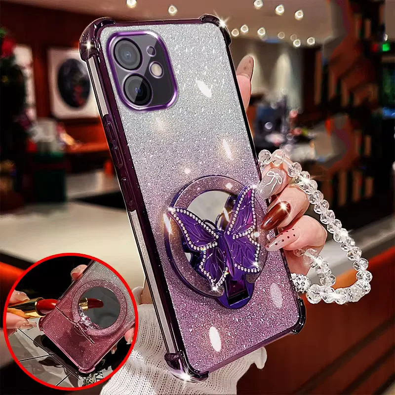 Funda de teléfono con purpurina y pulsera plegable con mariposa y espejo para iPhone 17 Air 16 15 14 13 12 11 Pro Max 16 Plus 16E, funda a prueba de golpes - imagen 4