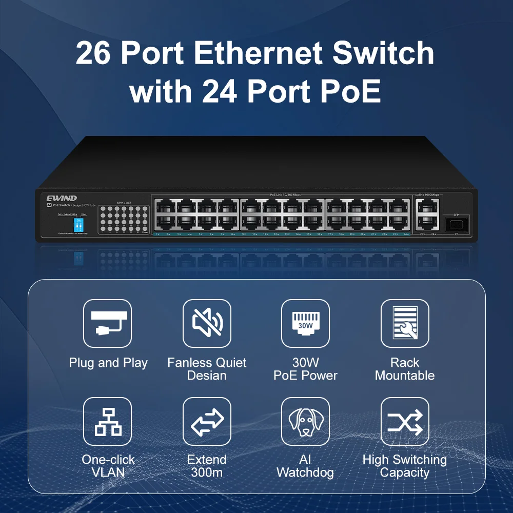 Conmutador POE de 24 puertos AI inteligente, 2 puertos Gigabit Poe, conmutador inteligente de red VLAN rápida RJ45, conmutador Ethernet con ranura de fibra SFP de enlace ascendente - imagen 4