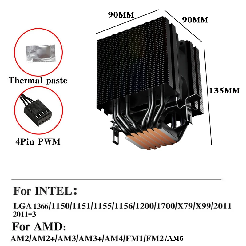 6 tubos de calor CPU enfriador de aire 4 pines PWM RGB negro ventilador de refrigeración de PC silencioso Intel LGA 1700 2011 1200 1156 X79 X99 1366 AMD AM4 AM3 AM5 - imagen 3