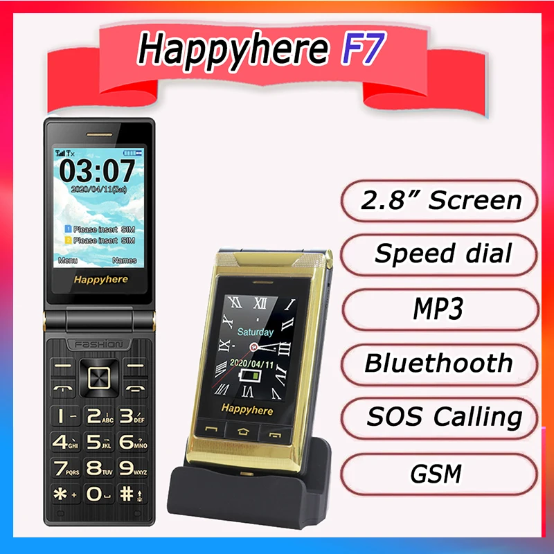 Happyhere F7 teléfonos móviles con tapa pantalla de 2,8 "desbloqueada dial de velocidad celular SOS FM radio senior botón pulsador teléfono móvil barato - imagen 2