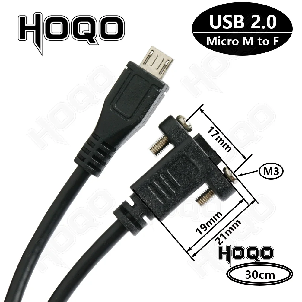 10 Uds Cable de extensión MicroUSB macho a hembra 30cm, USB 2,0 Micro USB paso 17mm con tornillos orificio de montaje en Panel
