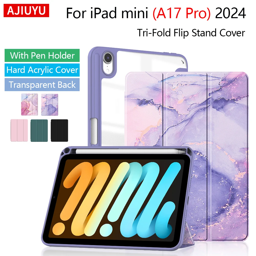 Funda AJIUYU para iPad mini (A17 Pro) 2024 contraportada transparente con portalápices para iPad mini 7 8,3 "Mini7 7th cubierta acrílica dura