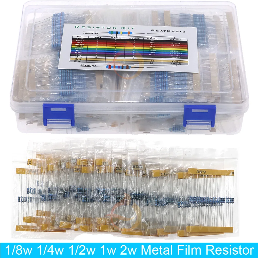 1/8W 1/4W 1/2W 1W 2W Kit surtido de resistencias de película metálica Caja 1% Paquete de resistencias de componentes electrónicos