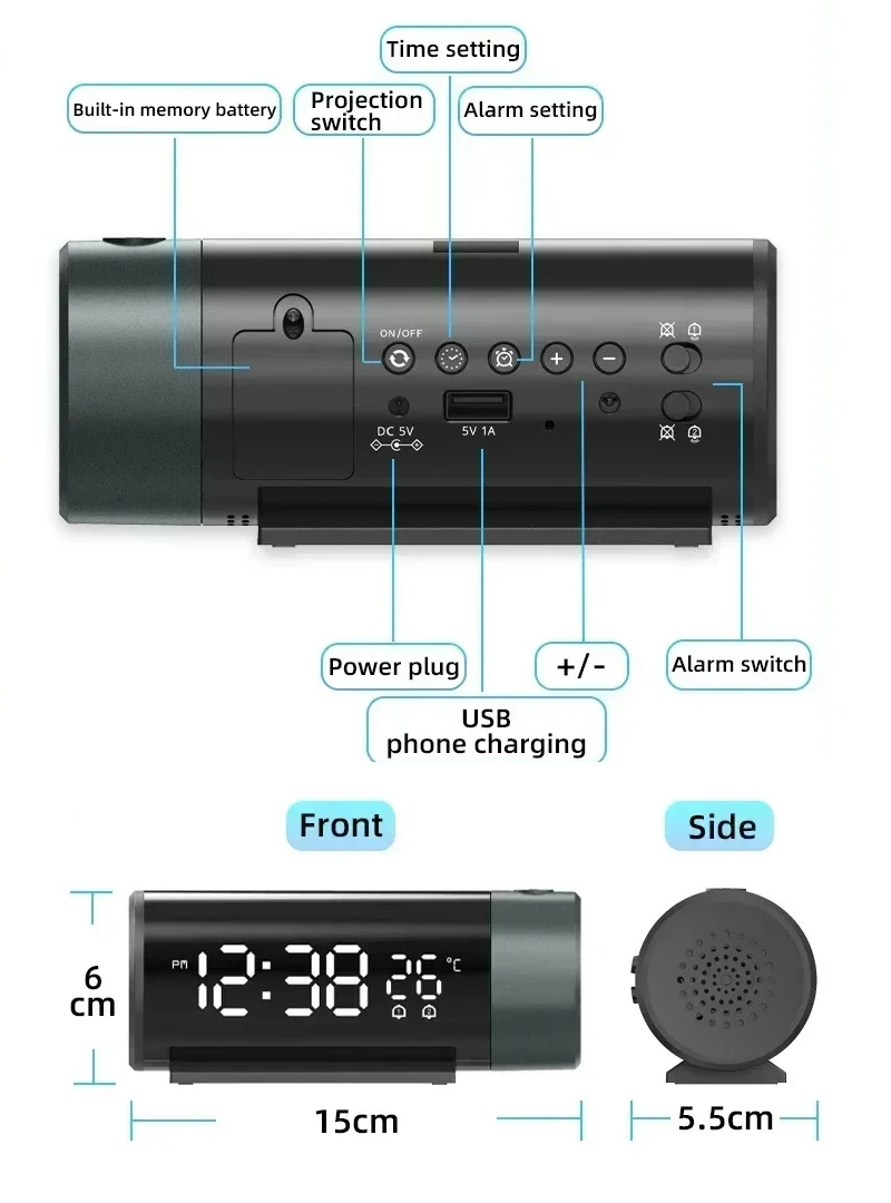 Despertador digital de proyección digital LED 180 °   Proyector giratorio Atenuador de brillo transparente de 4 niveles Radio FM Tiempo Dormitorio con B - imagen 3