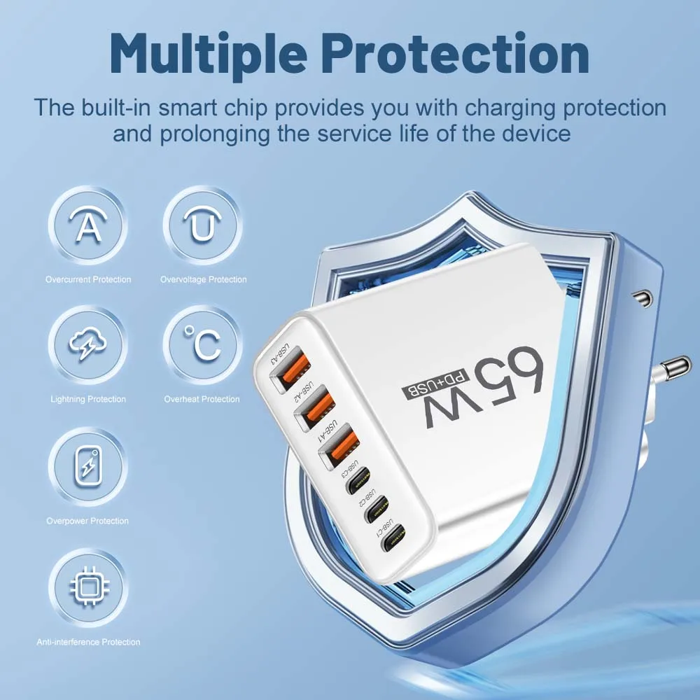 Cargador USB C Total de 65W, múltiples puertos tipo C PD, adaptador de pared para teléfono móvil de carga rápida para iPhone, Xiaomi y Samsung - imagen 5