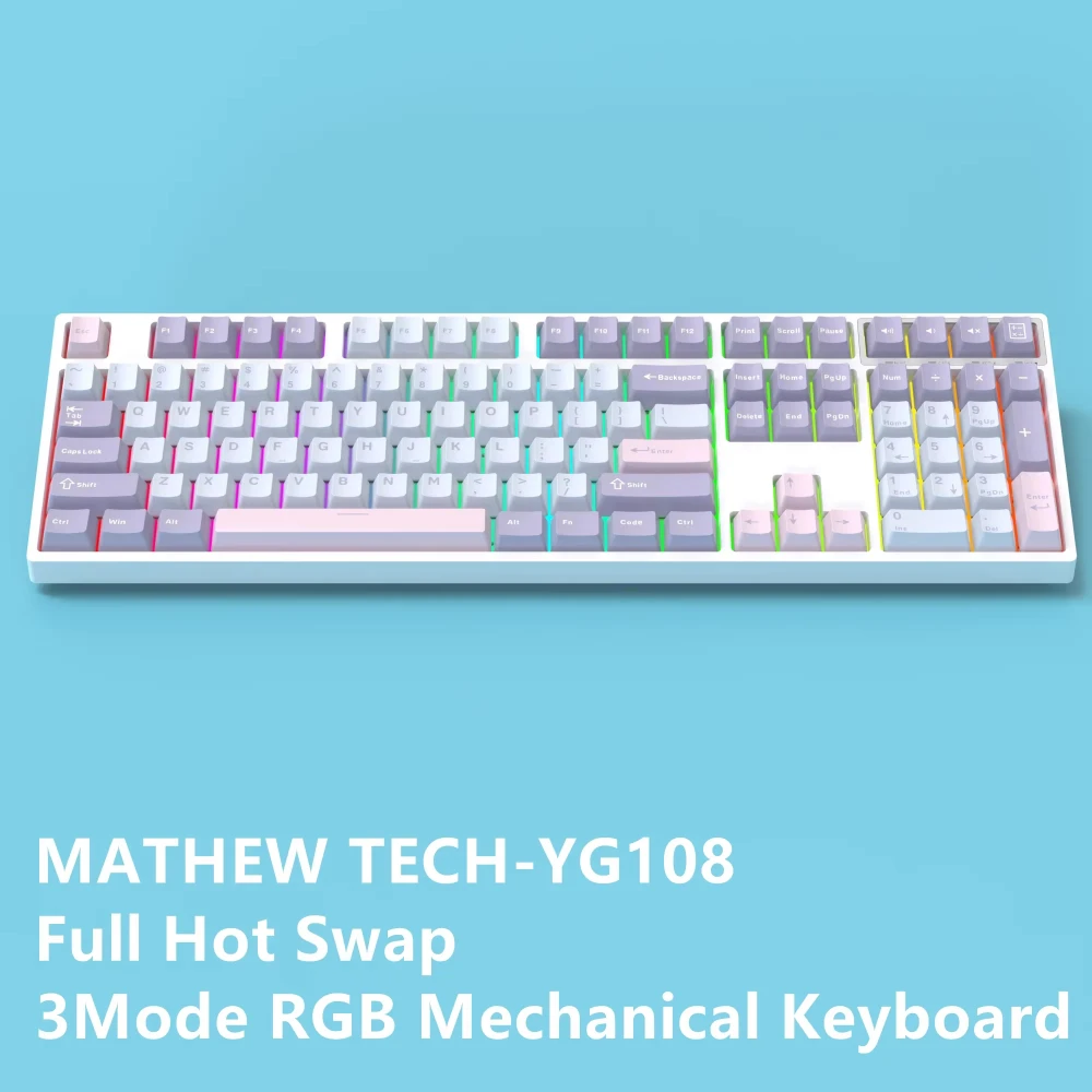 Mathew Tech-Teclado mecánico YG108 de tres modos, 108 teclas, tamaño completo, intercambio en caliente, RGB, impresión lateral, brillo, gaming - imagen 5
