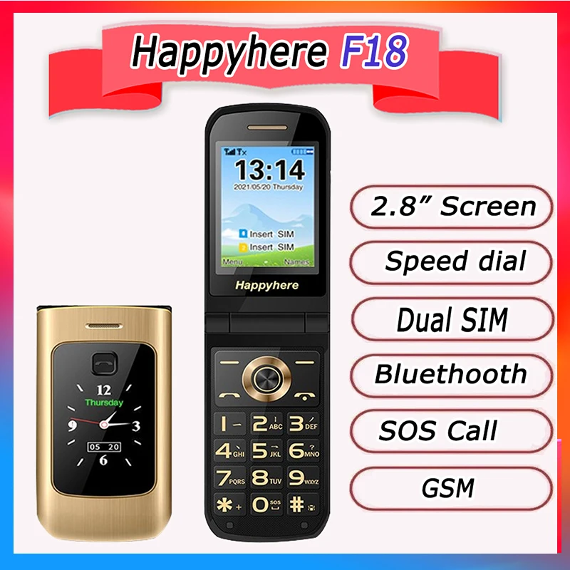 Happyhere F18 desbloqueado Flip teléfonos móviles pantalla dual velocidad dial celular SOS MP3 FM antorcha teclado de botón teléfono celular barato