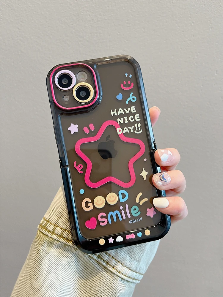 Funda plegable con soporte y estrellas de cara sonriente de dibujos animados para iPhone 16 17 Pro Max 15 14 13 12 11 15 Plus, funda transparente de TPU para teléfono - imagen 4
