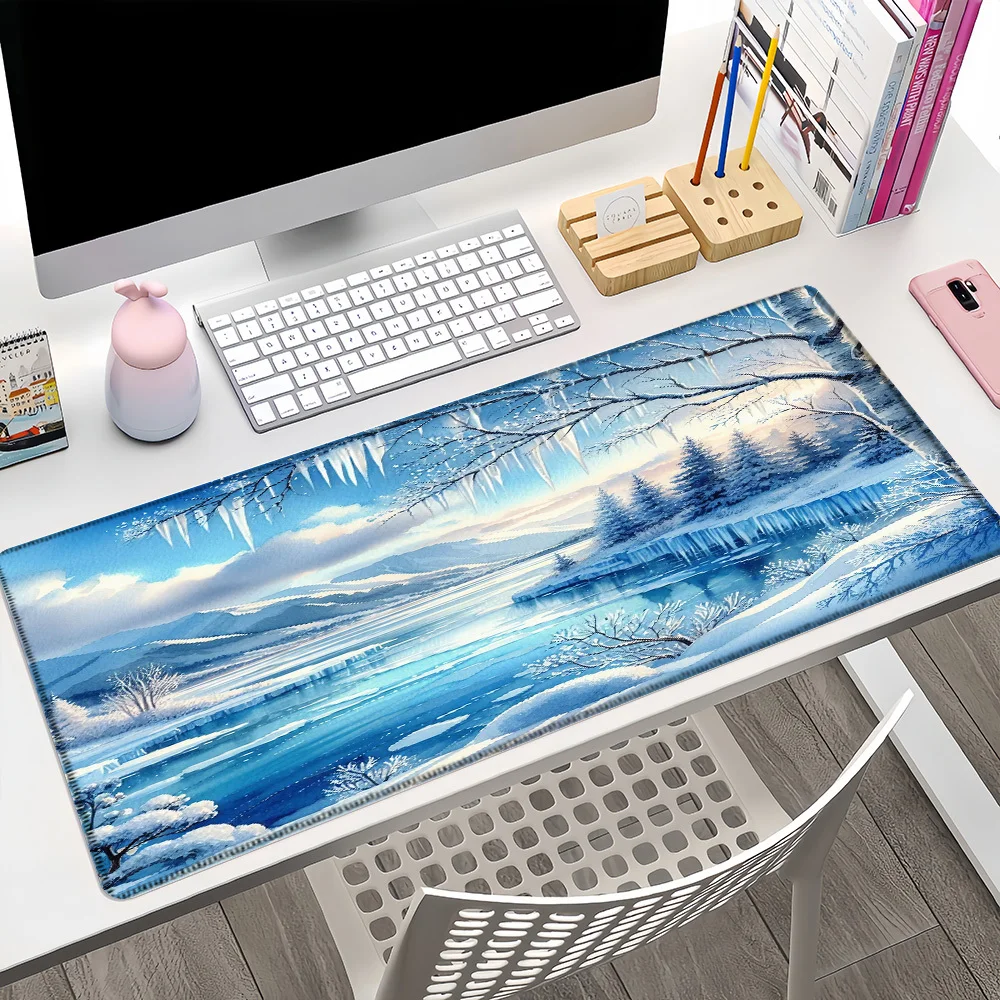 Alfombrilla de ratón grande con escena de nieve azul XXL para juegos, oficina, hogar, alfombrilla de escritorio de goma duradera para PC, gamer, accesorios de escritorio de oficina, mesa