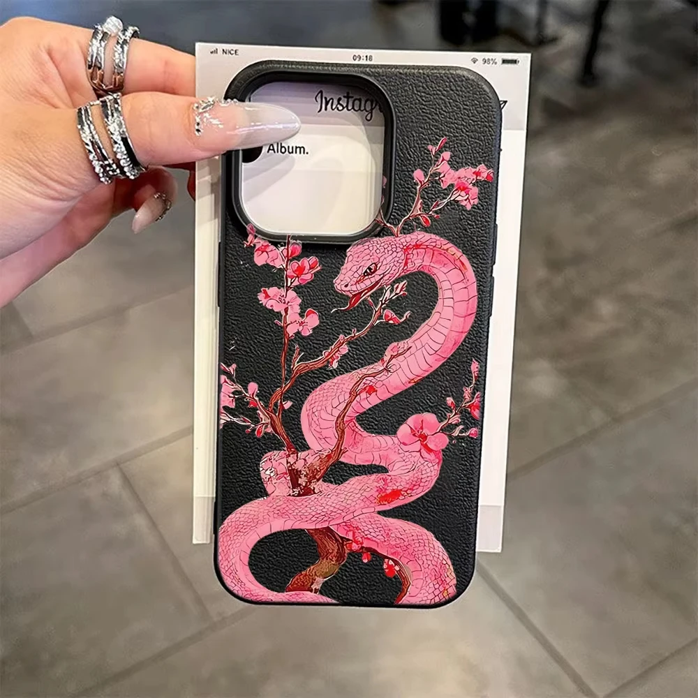 Funda de teléfono con diseño de serpiente rosa para iPhone 17 16 Pro Max 15 14 Plus 11 12 13 Pro Max X XR XS Max 17 Air, funda trasera de piel sintética