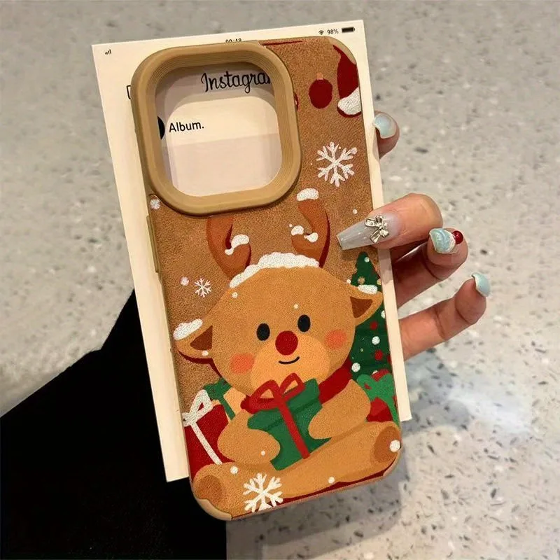 Funda de teléfono de piel sintética con diseño de patrones de renos navideños para iPhone 16, funda para iPhone 15 Pro Max 14 Plus 11 13 12 XS X XR