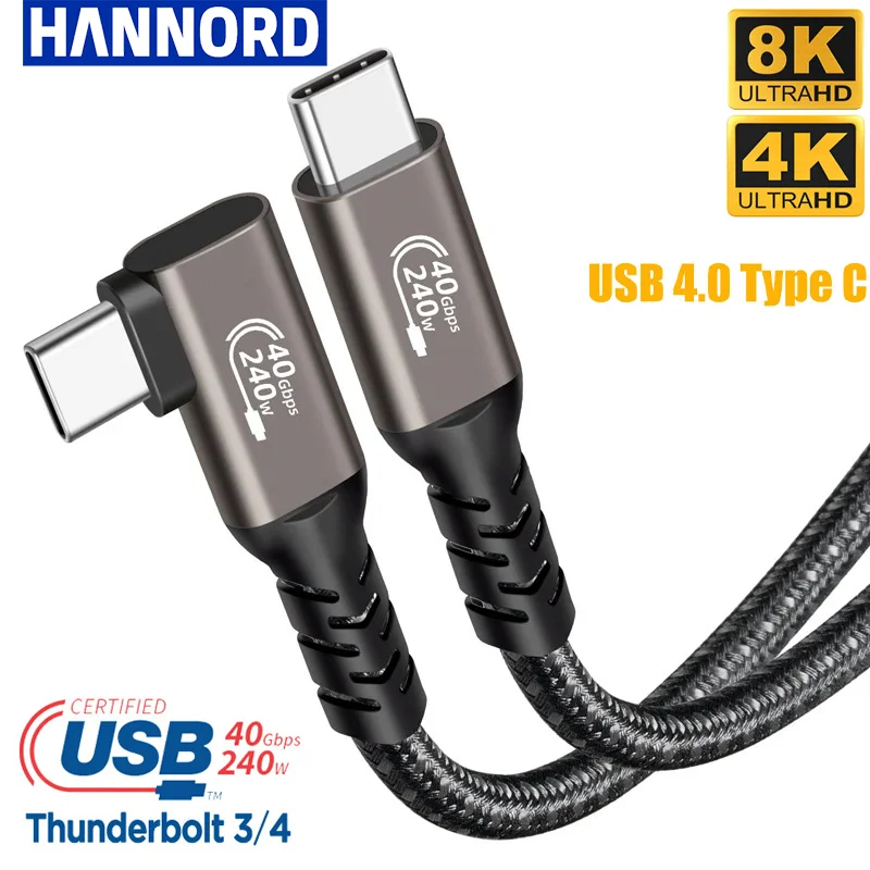 Hannord USB 4,0 8K Thunderbolt4 codo 90 Dgree Cable USB C a tipo C Cable 40Gbp 240W Cable de carga rápida para iPhone15 Macbook