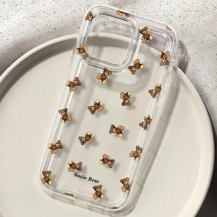Funda de teléfono con estampado de oso y flores para iPhone 16 15 13 12 11 Pro Max 16E 15 Plus 13 Mini X XR XS 7 8 Plus SE2, funda suave de dibujos animados