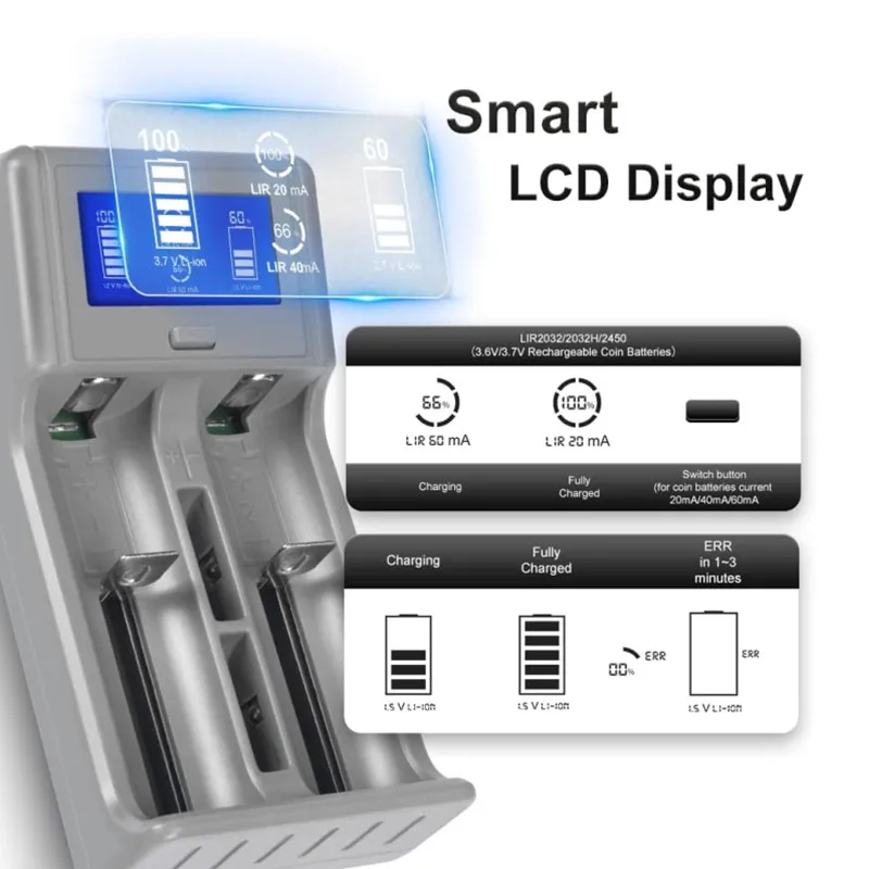 Cargador de batería inteligente AA/AAA/18490/18350/17670/17500 carga rápida LIR2450/LIR2032 cargador de baterías de moneda para litio/NiMH/NiCD - imagen 5