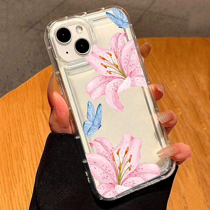 Funda de teléfono transparente con diseño de lirio rosa Ins para iPhone 16 16e 14 13 15 Pro Max 11 12 Pro Mini 7 8 Plus SE 2022 cubierta a prueba de golpes - imagen 3