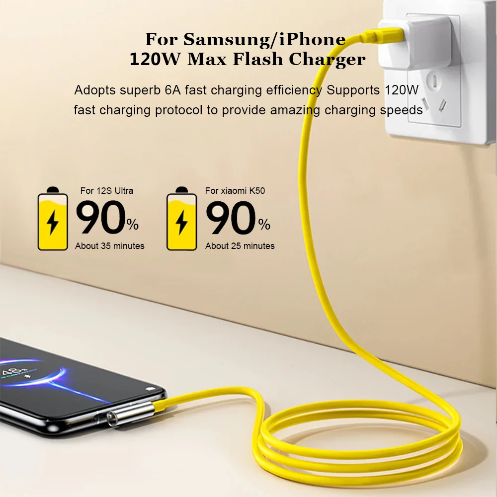 Para Xiaomi Cable de Carga Súper Rápida 120W 90 ° Codo tipo C a USB A cargador rápido para iPhone 17 16 Huawei Samsung S25 24 OnePlus - imagen 4