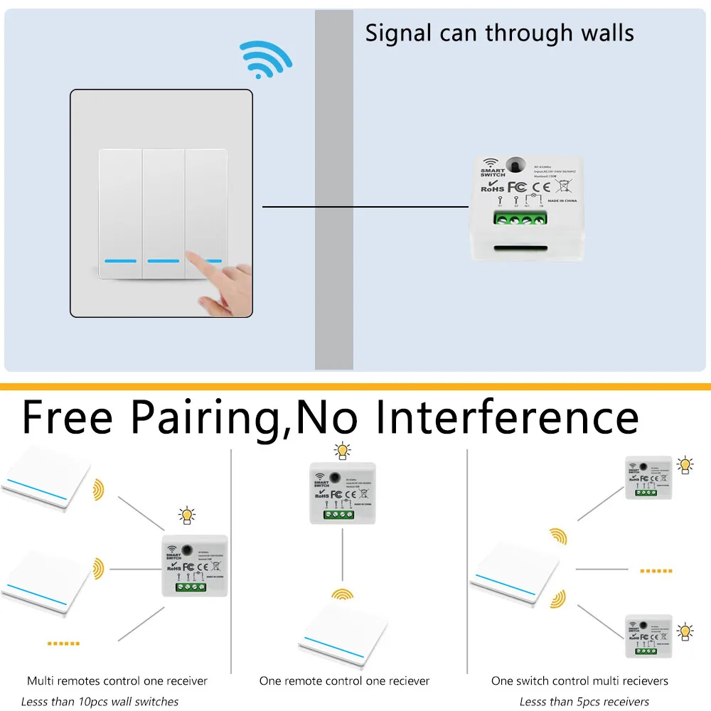 Interruptor de luz de 2 vías sin neutro, Mini módulo controlador inalámbrico de relé de 1/2 canales interruptor de pared de Control remoto RF 110v 220v ON/OFF - imagen 4