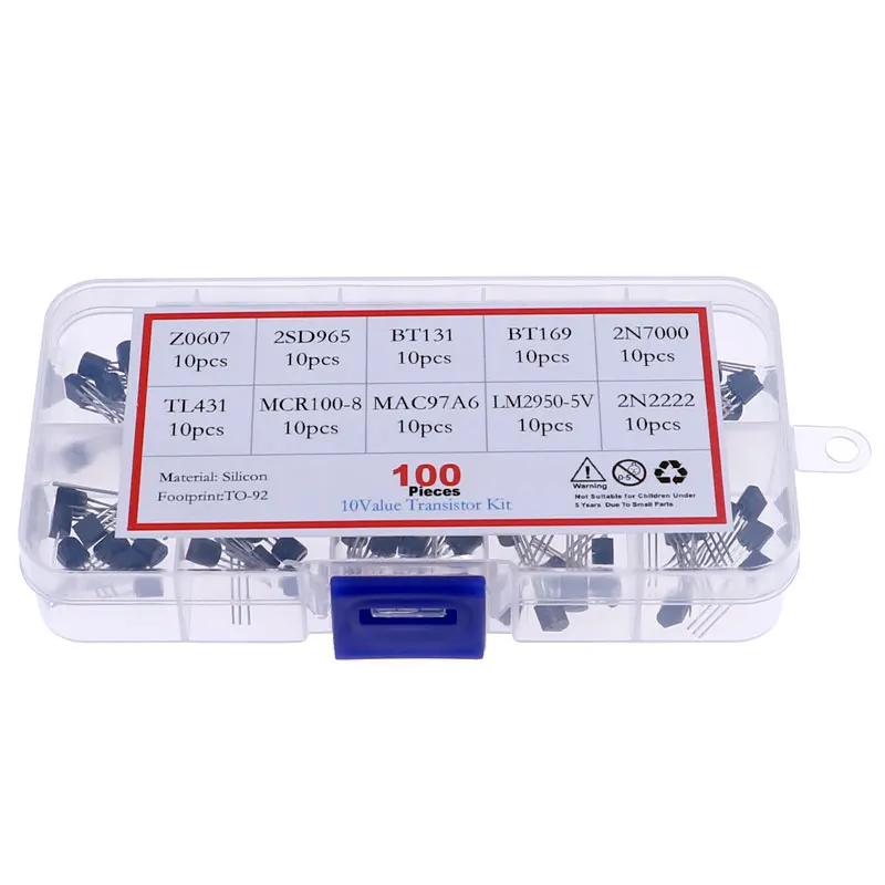 Kit de tiristor de triodo, caja de 10 valores, Z0607, 2SD965, BT131, BT169, 2N7000, TL431, MCR100-8, MAC97A6, LM2950-5V, 2N2222, 100 Uds. - imagen 2