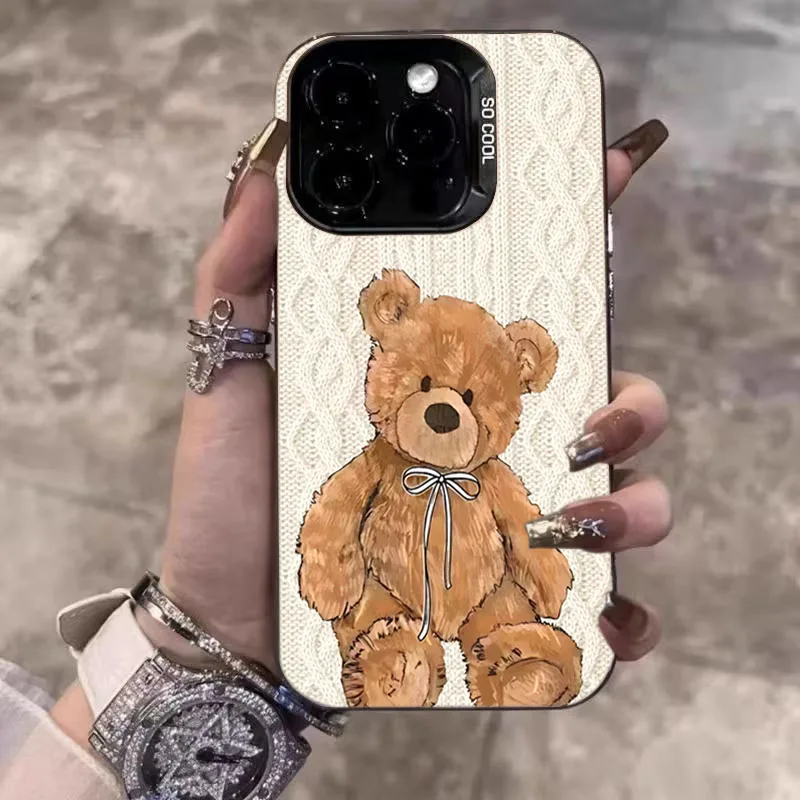 Funda de teléfono plateada con diseño cálido de oso tejido para Xiaomi 15T 14T 13T 12T Pro 11 Lite 5G 14 13 12 Poco X7 X6 X5 F6 F7 Pro F5