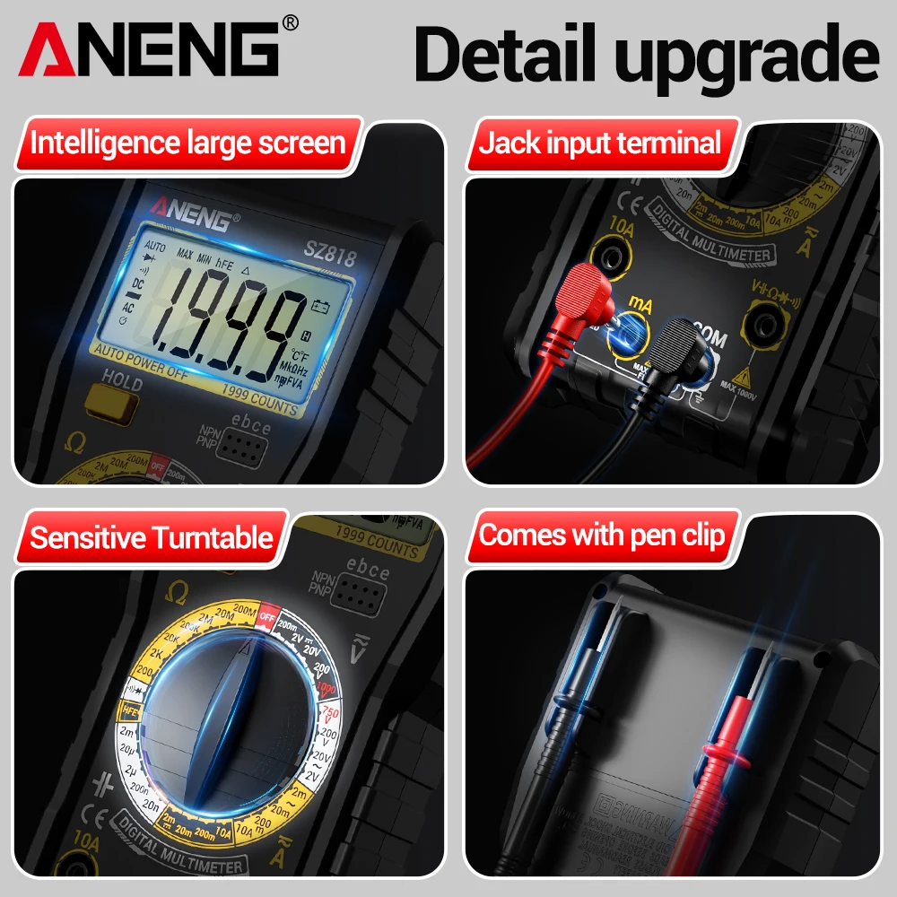 ANENG SZ818 Multimetro Digital Inteligente Pruebador Profesional Automotriz AC / DC Voltaje Corriente Resistencia Condensador Corriente Detector de Trío Eléctrico Herramientas Electricista - imagen 4