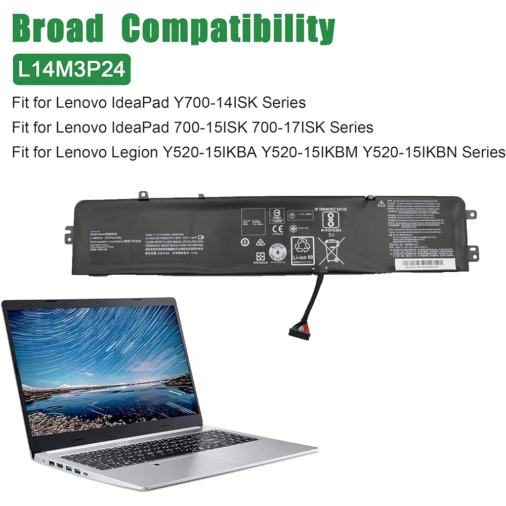 Batería de portátil L14M3P24 compatible con Lenovo IdeaPad Y700-14ISK 700-15ISK 700-17ISK Legion Y520-15IKBA Y520-15IKBM Y520-15IKBN Series L14S3P24 L16S3P24 L16M3P24 5B10H41180 5B10H41181 - imagen 2