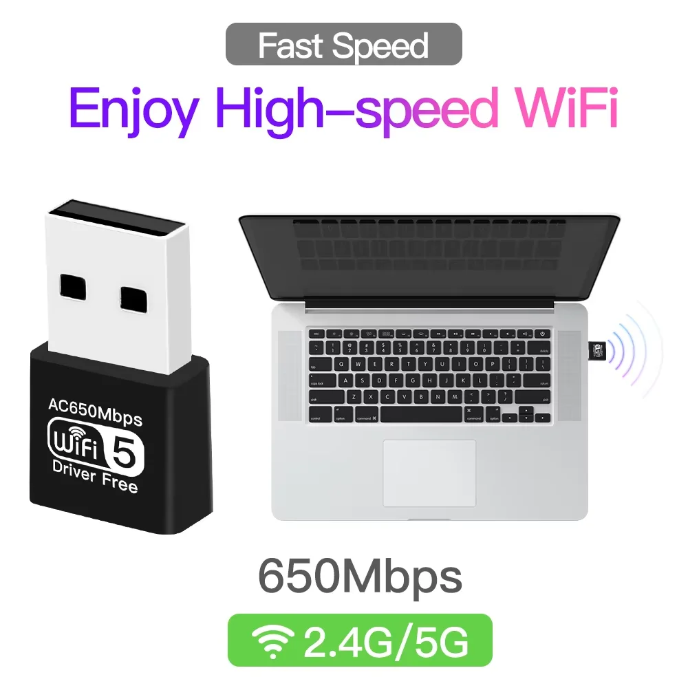 Adaptador WiFi de doble banda AC650, antena Dual de alta ganancia, adaptador USB de red inalámbrica para PC, portátil, controlador gratuito para Windows 7 10 11 - imagen 2