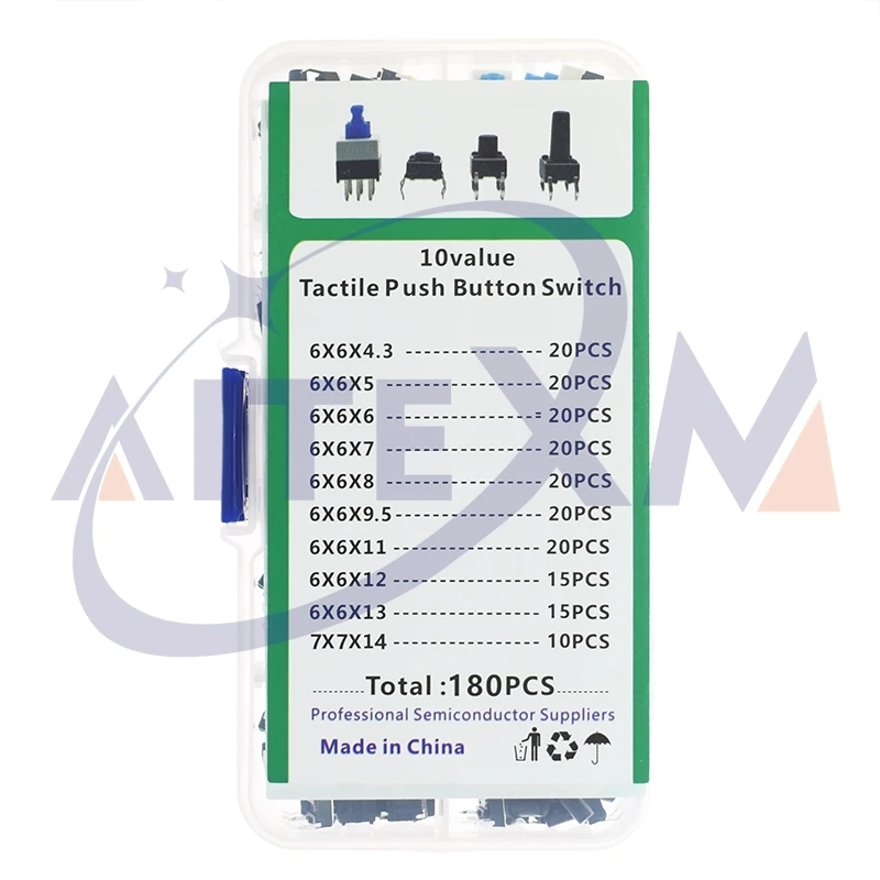 10 valores 180 Uds interruptor de botón táctil Mini Kit surtido de tacto momentáneo DIY para interruptor Arduino 6*6 4,3 MM ~ 13MM DIP 4P - imagen 5