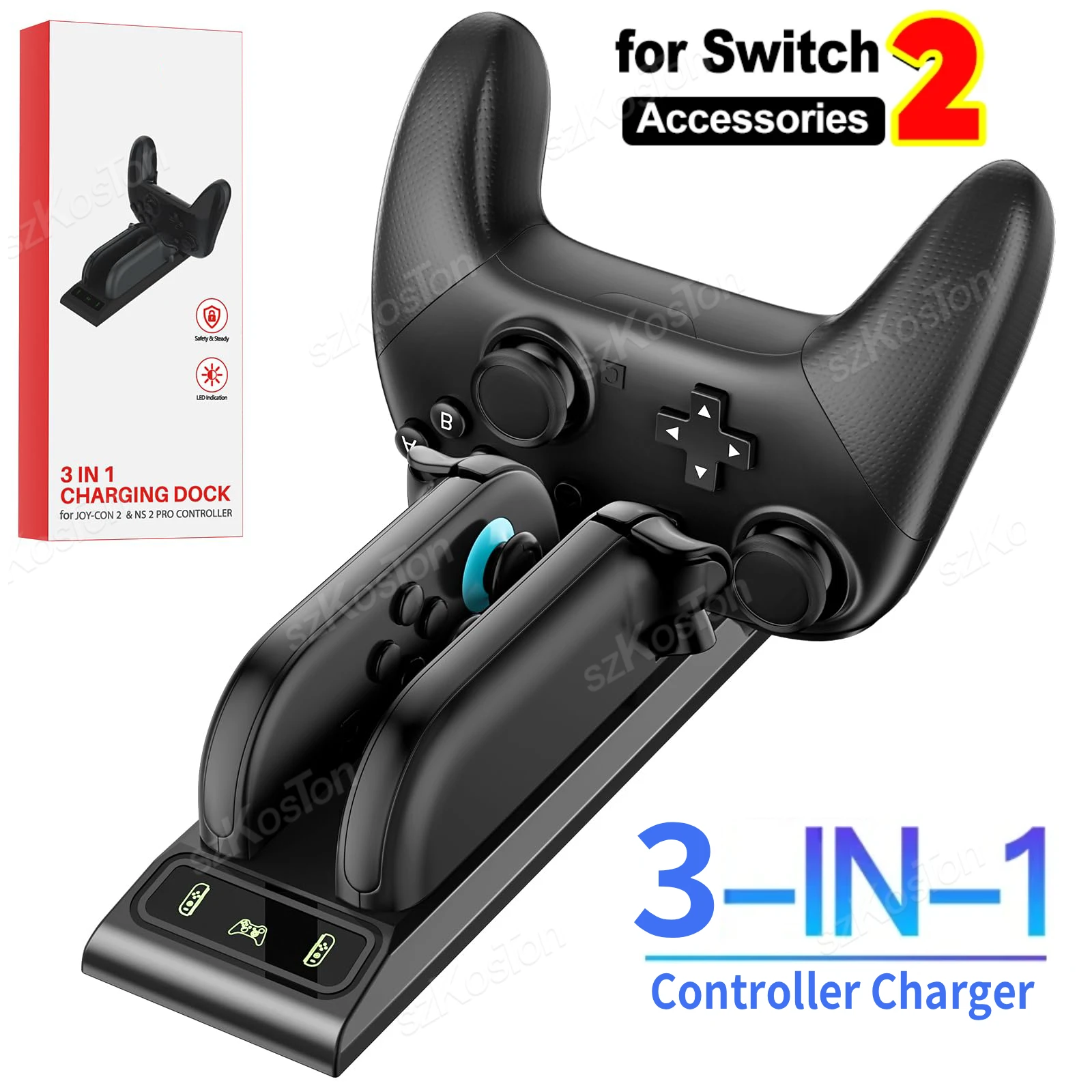 Estación de carga de mando 3 en 1 para controlador Switch 2 Pro JoyCon 2, base de carga rápida para accesorios de juego Switch2