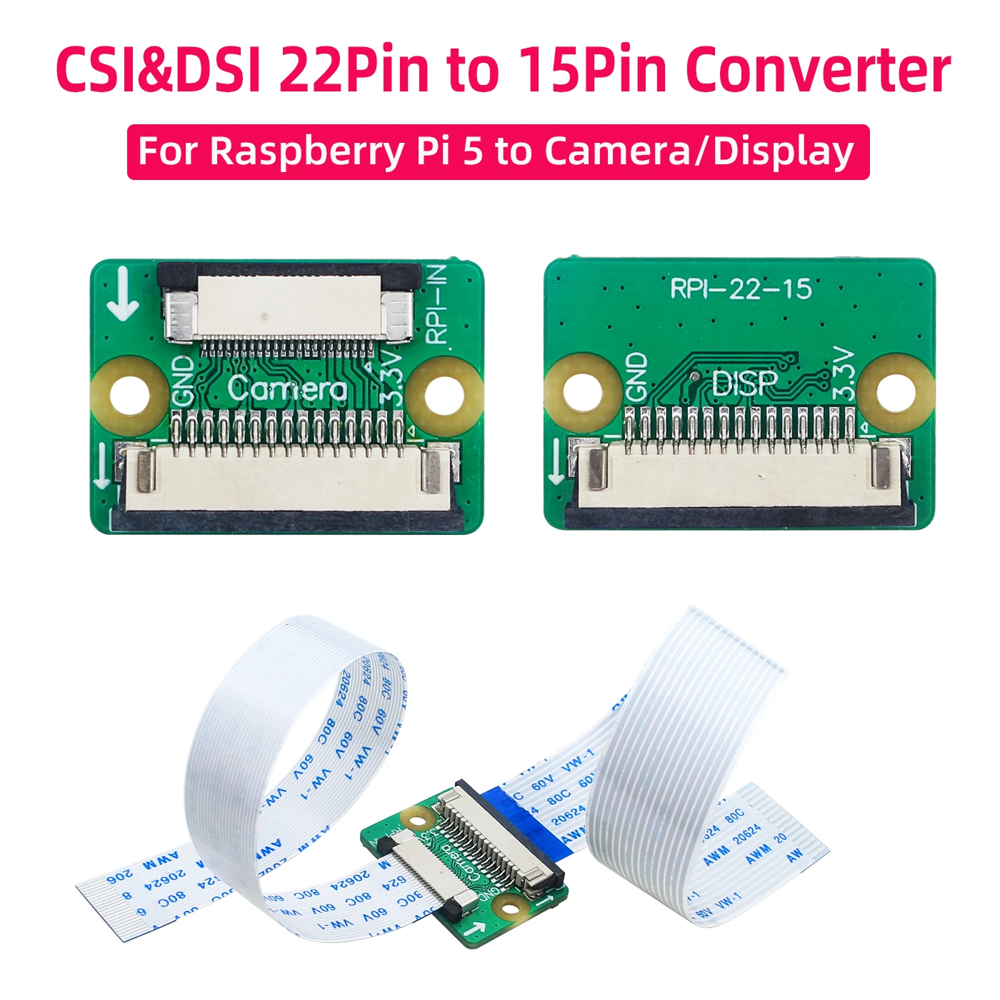 Raspberry Pi 5 Convertidor CSI DSI de 22 pines a 15 pines para conexión a pantalla de cámara RPI 5 + 15 pines 22 pines FFC 15 CM para RPI 5 Pi5