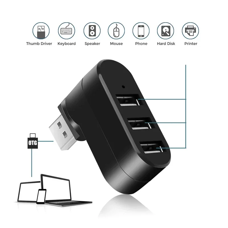PzzPss-Hub multi USB de 3 puertos, Mini concentrador USB 2,0, adaptador divisor giratorio de alta velocidad para ordenador portátil, Notebook, PC, accesorios de ordenador - imagen 3