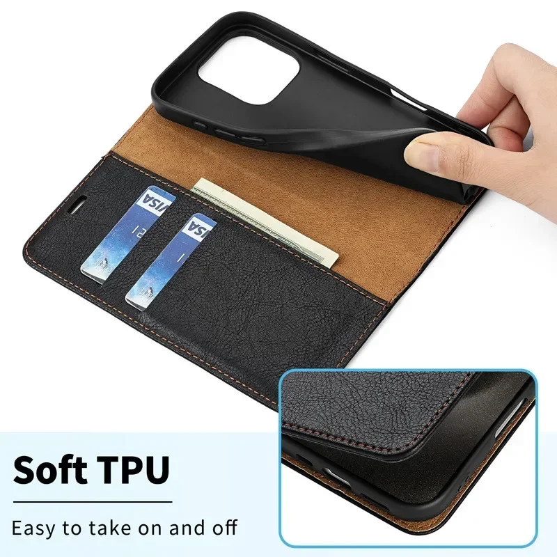 Funda de cuero tipo billetera Solt con tarjetas magnéticas fuertes para iPhone 16Pro Max 15 Plus 14 13 12 11 16E, funda de negocios con soporte abatible - imagen 4