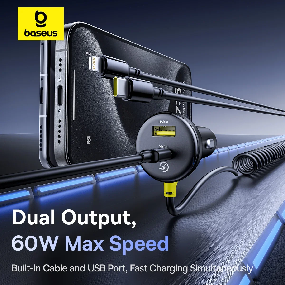 Baseus-cargador de coche de 60W, Cable de resorte retráctil PD QC SCP FCP AFC, carga rápida para iPhone, Samsung, Xiaomi, cargador de teléfono para coche - imagen 3