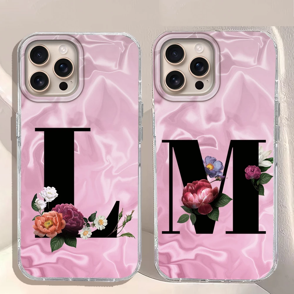 A-Z Flor de peonía con letra negra ﻿ Funda de teléfono para Apple iphone 15 14 Pro Max Plus, Fundas de silicona a prueba de golpes para parejas, funda trasera