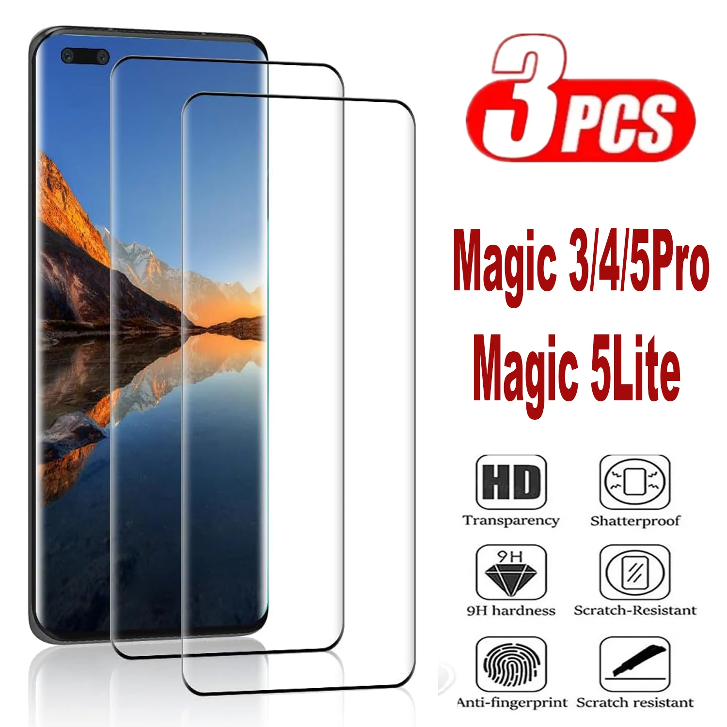 3 uds 9H curvado cuatro lados pegamento vidrio templado para Huawei Honor Magic 5 6 7 Lite/Magic 5 6 7 Pro HD Protector de pantalla