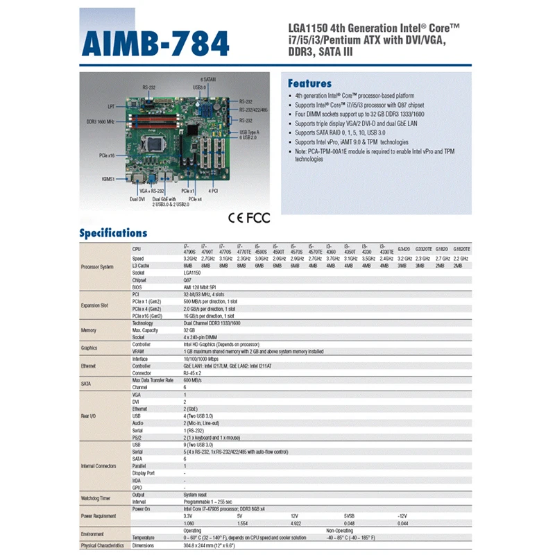Placa base de Control Industrial Core CPU de 4. a generación compatible con Chipset Q87 para Advantech AIMB-784G2 AIMB-784G2-00A1E - imagen 5