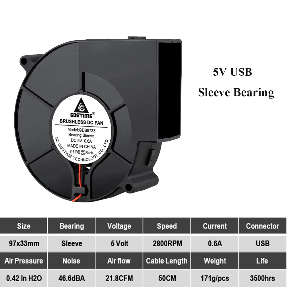 Gdstime-ventilador centrífugo de flujo para barbacoa, soplador de aire grande de 97mm, 97x33mm, 5V, DC 9733, rodamiento de manga de 2800RPM - imagen 5