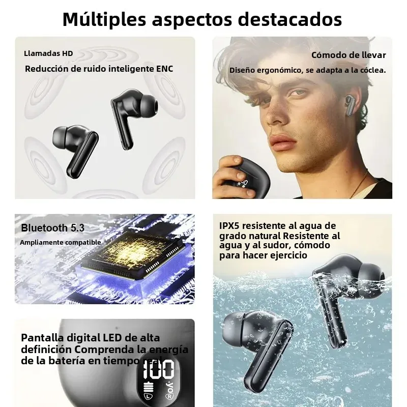 Auriculares inalámbricos con Bluetooth, cascos TWS con micrófono estéreo deportivos, intrauditivos con Control táctil, Larga modo de reposo, llamadas HD, juego - imagen 5