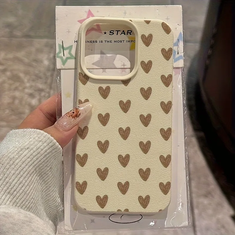 Funda de teléfono con textura de lichi y corazón de amor marrón para iPhone 17 16 15 14 13 12 11 Pro Max 17 Air 15 14 Plus X XS XR 16E, funda suave