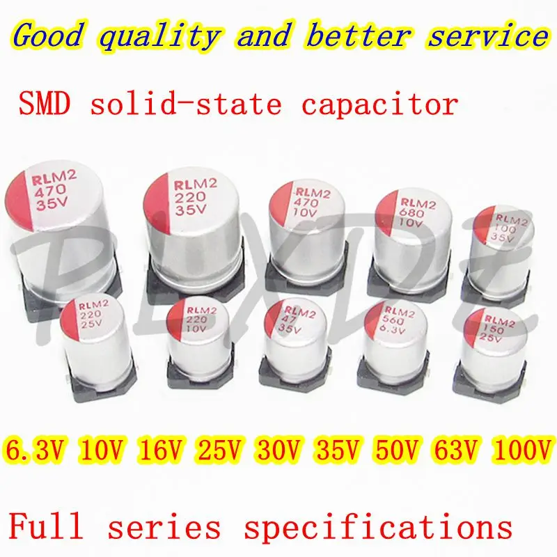 10 Uds 16V 25V 35V 50V 63V 100V 10V 6,3 V SMD condensador electrolítico de estado sólido 22UF 47UF 100UF 220UF 330UF 470UF 560 820 1000UF