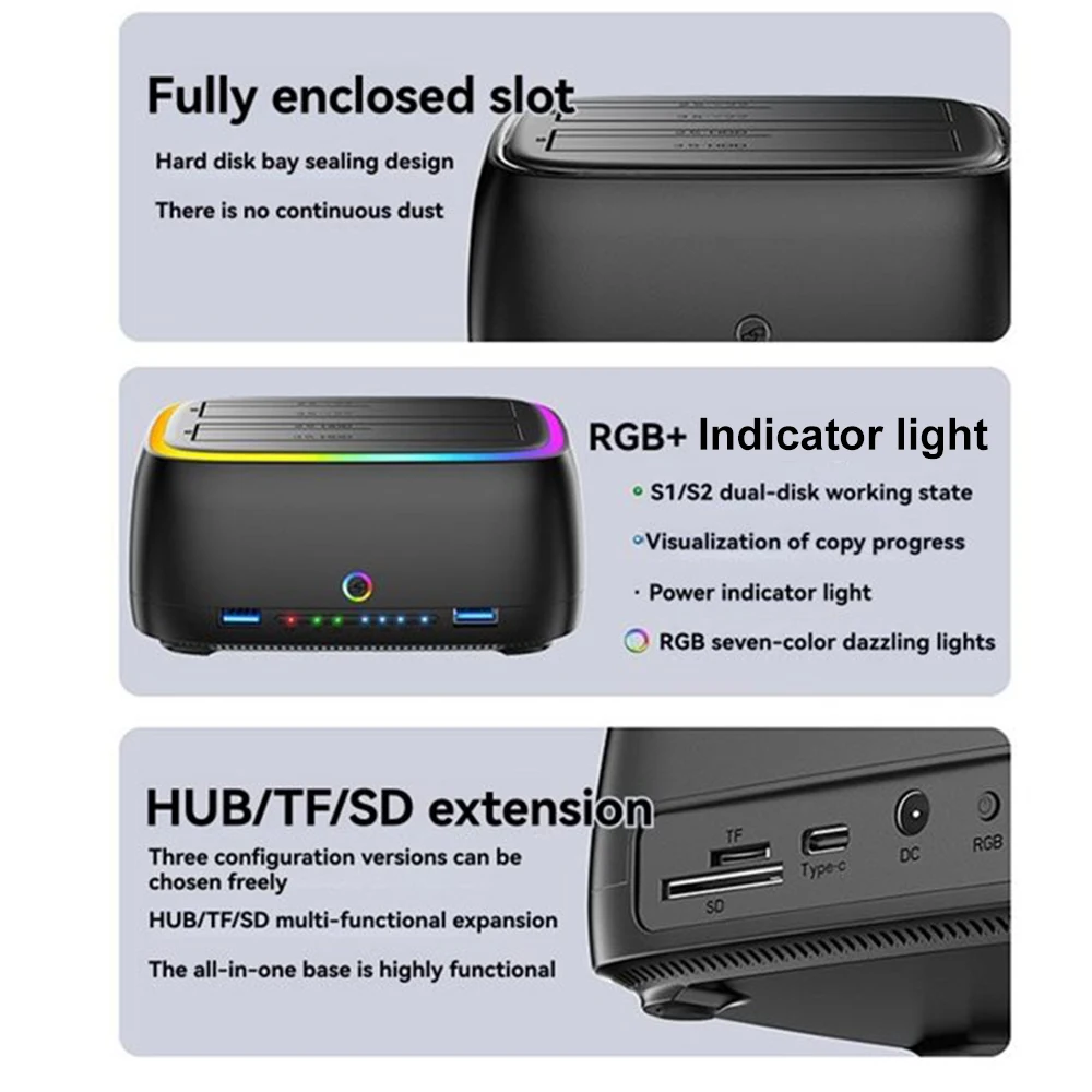 Estación de disco duro de doble bahía USB3.0 5Gbps caja de datos clon sin conexión adaptador de efecto de luces RGB para tarjeta HDD/SSD TF/SD de 2,5/3,5 pulgadas - imagen 5
