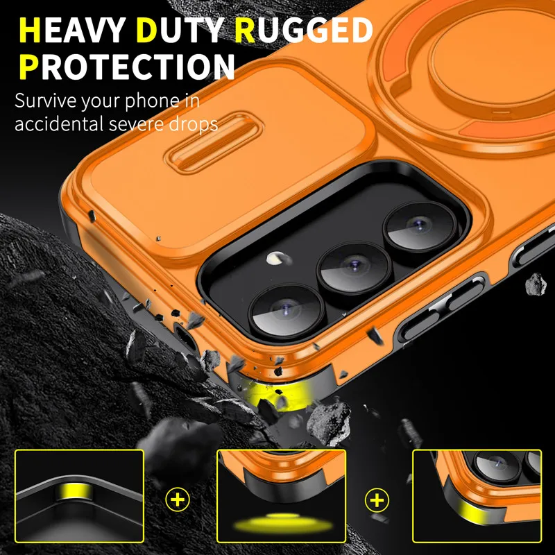 Para Samsung Galaxy S25 FE funda ELVEV Anti-caída resistente PC lente deslizante ventana soporte giratorio cubierta de teléfono