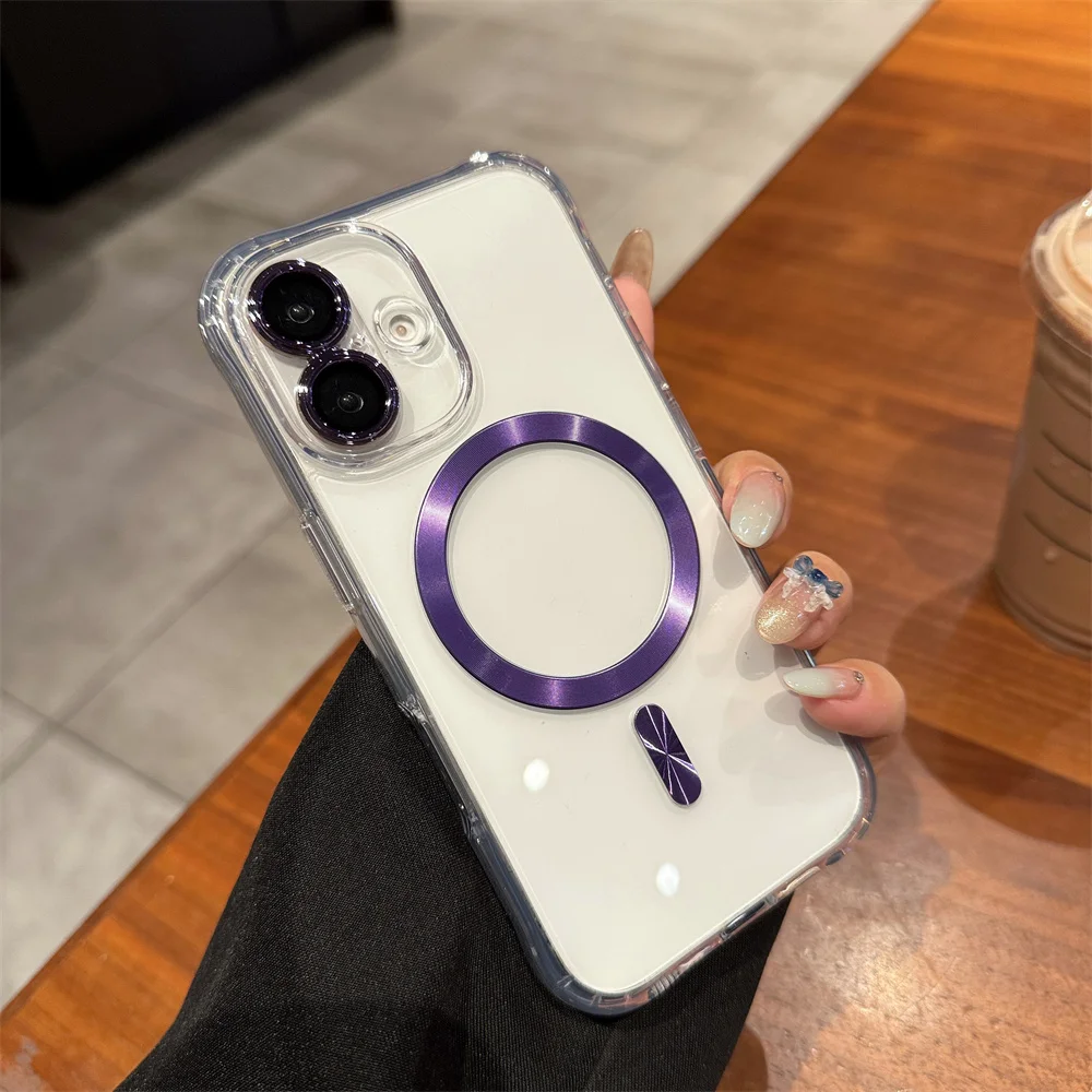 Parachoques de armadura de lujo para funda de teléfono transparente Magsafe para iPhone 15 14 13 16 Pro Max cubierta protectora de lente de carga inalámbrica - imagen 3