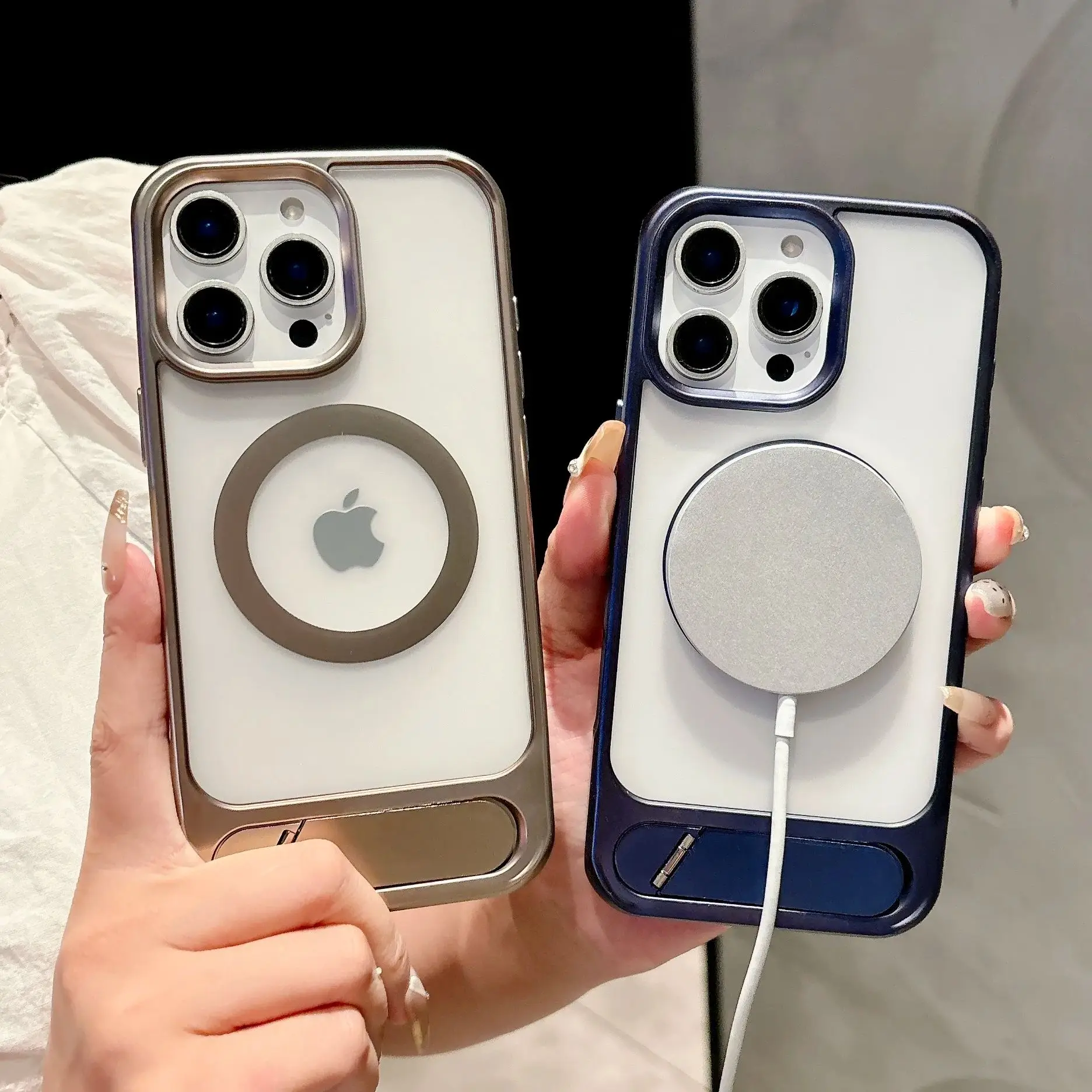 Translúcido para Magsafe funda con soporte de Metal magnético para iPhone 16 E 15 14 Plus 13 12 11 Pro Max cubierta mate híbrida a prueba de golpes - imagen 4