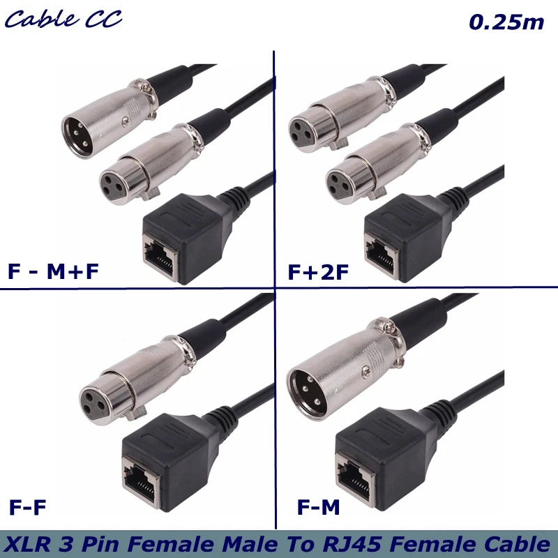 Cable divisor de 3 pines DMX XLR macho hembra a RJ45 hembra Y, 2 canales, conexión de red múltiple para luz de escenario Y estudio de grabación