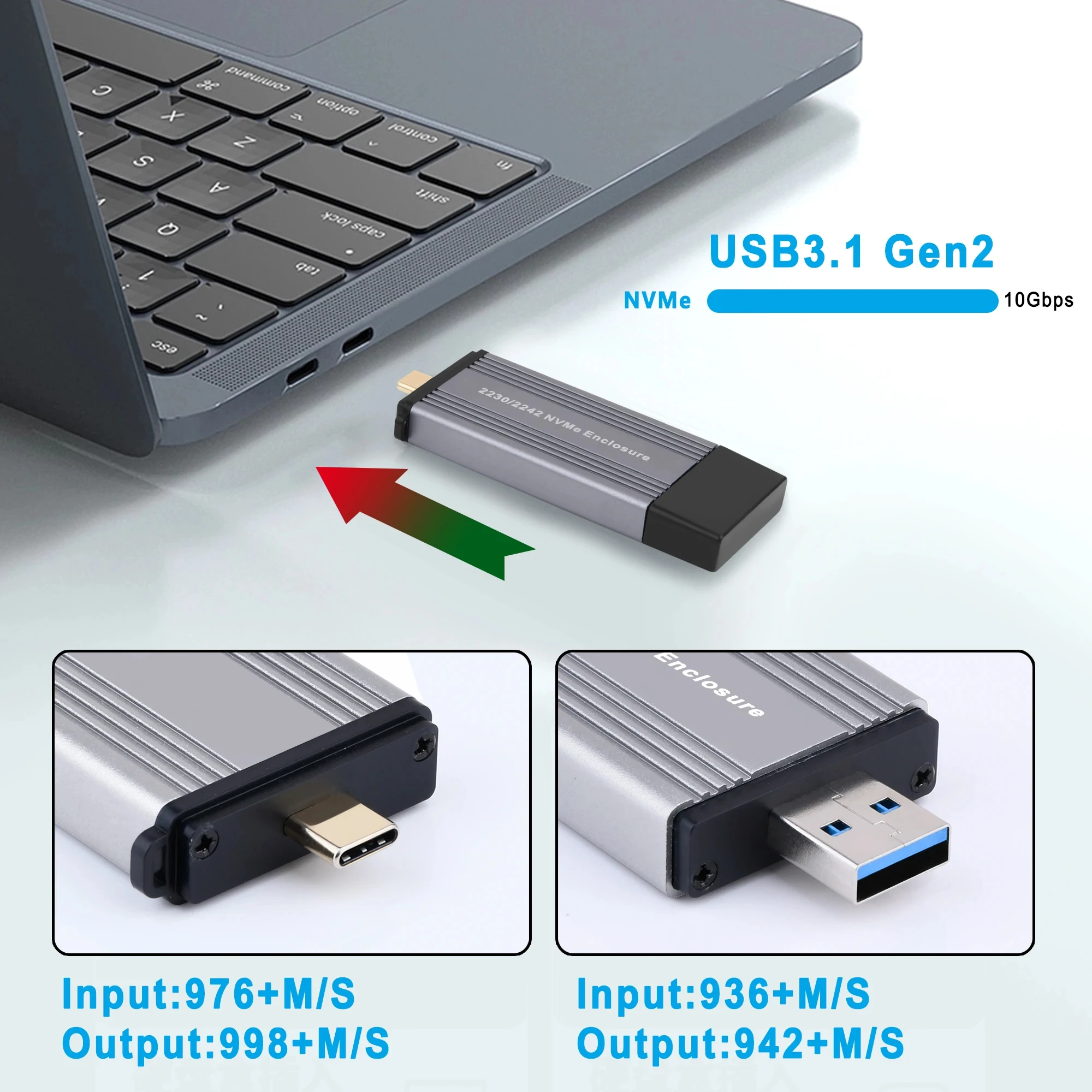 SAMGET-carcasa de aluminio M.2 NVMe, carcasa USB 3,1 Gen2, 10gbps, tipo A + tipo C, SSD externo para clave M/M + B 2230, 2242 M.2 NVME - imagen 4